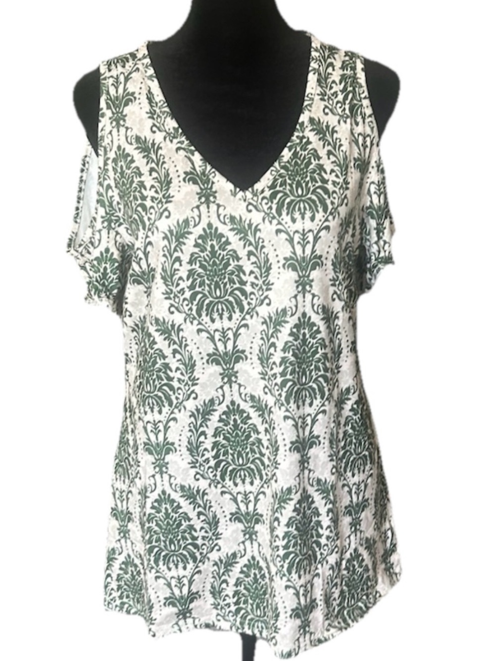 Green Patterned Cold Shoulder Top